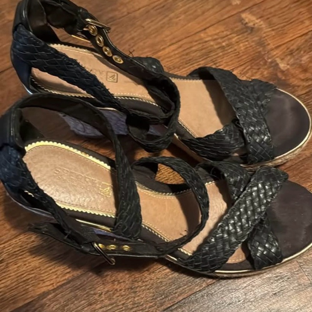 Sperrys Black Braided Leather wedge sandal